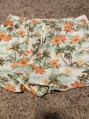 Arizona Jean Company Floral Palm Print Shorts — White, Mint, Orange, Brown
